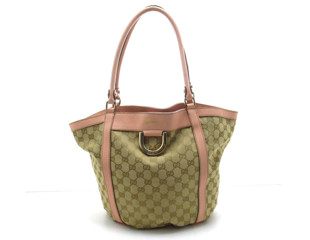 Gucci GG Canvas Tote Bag Beige Cream Pink Calfskin
